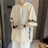 Wiaofellas  -  summer men's clothing short Sleeve Hooded loose oversized Solid Color fashion Printed Spliced button casual 3/4 Sleeve T-shirt