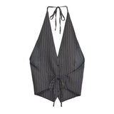 Wiaofellas  -  New Women Sexy Backless Bow Tied Striped Print Short Blouse Female Chic Sleeveless Breasted Vest Shirt Blusas Tops