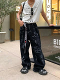 WIAOFELLAS  -  Artificial Hand-painted Lettering Graffiti Black Denim Trousers Men Straight Pants