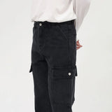 Wiaofellas  -  Mid-waist Retro Workwear Jeans Men's Loose Pockets Patchwork Straight Denim Long Pants  Spring New Trousers 2D1227