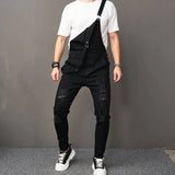 Wiaofellas   -  Stylish Men Streetwear Solid Ripped Slim Bib Overalls Jumpsuits jeans Male Distressed Holes Casual Strap Denim Pants