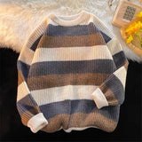 WIAOFELLAS  -  New Autumn and Winter Fashion Hong Kong Stripe Contrast Round Neck Long Sleeve Casual Loose Thickened Knitted Sweater
