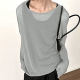 WIAOFELLAS  -  Men T Shirt Solid Color Knitted O-neck Long Sleeve Loose Male Tee Tops See Through Sexy Fashion Casual Men Clothing