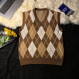 WIAOFELLAS  -  Spring Autumn Diamond Grid Candle Knitted Vest Men Women Loose Pullover Retro Outer Sleeveless Sweater Vest Aesthetic
