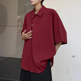 WIAOFELLAS  -  Chinese Style Ice Silk Short Sleeved Shirts Men's Metal Buckle Solid Color Lapel Oblique Placket Male Loose Cloth