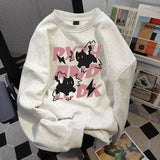 WIAOFELLAS  -  Retro American Thin round Neck Sweatshirt Women Long Sleeve Loose Oversize Couple Tops Men Trendy White Gray Autumn Winter