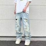 Wiaofellas  -  American Style Ripped Men's High Street Vintage Washed Destroyed Wide Leg Cotton Denim Pants Mid Waist Zipper Fly Long Trousers