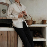 Wiaofellas  -  Stylish Mens Long Sleeve Linen Shirts Spring Autumn Daily Casual Slim Fit Cardigan Tops Men Retro Button-up Lapel Linen Shirt