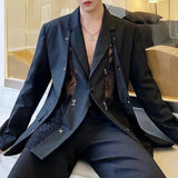 Wiaofellas  -  Mens See-Through Sexy Lace Splicing Suit Autumn Genderless Youth Trend Personality Retro Metal Chain Buckle Jacket Unisex