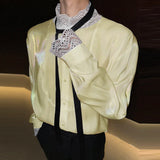 Wiaofellas  -  Men Shirt Lace Patchwork Long Sleeve Stand Collar Men Clothing Tops With Belt Streetwear Fashion Casual Male Shirts