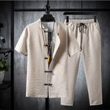 Wiaofellas  -  Shirts + Pants Summer Cotton Linen Shorts Sleeve Men's Casual Sets Male Fashion Trousers and Shirts Men Full Size M-5XL
