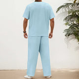 WIAOFELLAS  -  Men Sets Solid Color V Neck Short Sleeve T Shirt & Pants Two Pieces Sets Summer Streetwear 2025 Loose Fashion Men Suits