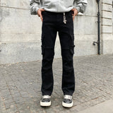 WIAOFELLAS  -  New trendy loose straight leg multi pocket black washed denim jeans