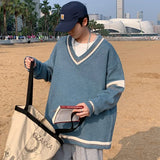 WIAOFELLAS  -  Autumn Winter New Men's Korean Loose Knitted V-neck Casual Sweater Outdoor Fashion Trend Comfortable Breathable Hoodie