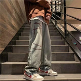 WIAOFELLAS  -  Fashionable Men's Autumn and Winter American High Street Jeans Loose Straight Wide Leg Drape Printed Versatile Pants