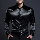 WIAOFELLAS  -  Men's Solid Color Shiny Long-Sleeved Shirt Retro Fashion American Trend Street Loose Niche Party Performance Summer Men's Tops