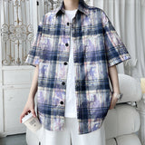 WIAOFELLAS  -  Plaid Ice Feel Tie Dye Short Sleeve Shirt Men Women Casual Loose Plus Size Shirt Thin Fabtic Pink Blue Green Clothes