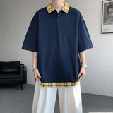 WIAOFELLAS  -  Fashion New Men's Spliced Plaid Fake Two Pieces Casual T-shirt Trendy Turn Down Collar Short Sleeve Tops Male Summer
