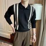 WIAOFELLAS  -  Men's Spring Autumn New Sweater British Retro Stripe Color Block Slim Fit Fashion Elegant Business Casual Knitted Top