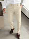 Wiaofellas  -  Men's Business Casual Cropped Chino Pants Stretch Polyester Viscose Elastane Tapered Slim Fit Beige Grey Ankle‑Length Trousers