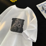 Wiaofellas  -  Oil Painting Printed Pure Cotton Short-sleeved T-shirt Men's New Summer Loose Top