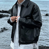 WIAOFELLAS  -  Lapel Men PU Leather Jackets Worn Out Large Pocket Solid Color Baggy Male Short Coats High Street Spring New Stylish