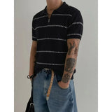 Wiaofellas  -  Summer Retro Striped Lapel Polo Shirt Men's Trendy Short Sleeved Knitted Sweater Pullover Slim Casual Business Social T-shirt