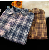 WIAOFELLAS  -  Retro Plaid Long Sleeve Shirt Men Spring Fall Loose Shirt Turn-down Collar Blouse Hip Hop Streetwear Male Shirts