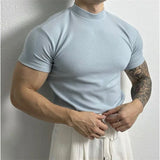 Wiaofellas  -  Men Clothing Summer Short Sleeve Fitness Gym Training Tees Half High Collar Solid Skinny T-shirt Male Running Ribbed Basic Tops