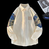 WIAOFELLAS  -  Embroidery Patchwork Bear Long Sleeve Shirt for Men Retro Loose Couple Shirt Jacket Large Size Unisex Blouses