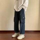 Wiaofellas New Fashion High Street Male Cargo Pants Men Solid Color Elastic Waist Wide Leg Japan Retro Casual Pant Oversized Baggy Trouser