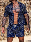 Wiaofellas  -  Fashion Leopard Print Two Piece Set Men Beach Style Sexy Buttoned Lapel Shirt And Shorts Outfit Suits Casual Loose Mens Clothes