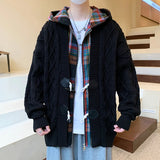 WIAOFELLAS  -  Korean Casual Checkered Hooded Sweater Holiday Style Fake Two-piece Jacket for Men New Autumn and Winter Cardigan for Teenagers