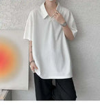 WIAOFELLAS  -  Trendy Summer Men‘s Solid Color Ice Silk Casual T-shirts New Fashion Turn Down Collar Short Sleeve Loose Tops Male