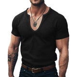 Wiaofellas  -  Fashion Solid Color Mens Knit T Shirt Summer New Casual Short Sleeve V Neck Jumper Tops Men Vintage Ribbed Knitted T-shirt