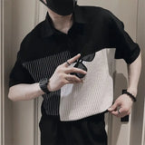 Wiaofellas  -  Fashion Lapel Button Spliced Asymmetrical Striped Polo Shirts Men's Clothing Spring New Loose Korean Tops Casual Tee Shirt