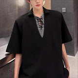 Wiaofellas  -  Men Shirt Lapel Short Sleeve Patchwork Lace Up Casual Men Clothing Streetwear Korean Style Summer Fashion Male Tops