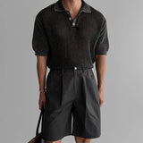 WIAOFELLAS  -  Men's Knitted Hollow Short-Sleeved Polo Shirt American Retro Fashion Trend Street Loose Breathable Casual Niche New Men's Tops