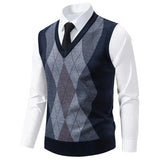 Wiaofellas  -  Men's Knitted Warm Sweater in Autumn and Winter V-neck Vest Diamond Grid Twisted Flower Casual Fashion Versatile Top