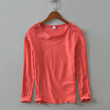 Wiaofellas  -  Japanese Style Loose Fit Long Sleeve Cotton T-Shirt Men's round Neck Thin Bamboo Rayon Worn in Solid Color Versatile plus Size