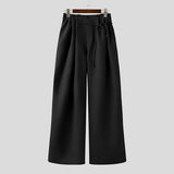 Wiaofellas  -  Men Pants Solid Color Pleated Joggers Lace Up Casual Wide Leg Trousers Men Streetwear Loose Fashion Casual Long Pants