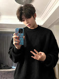 WIAOFELLAS  -  Korean Loose Fit Thiened ey round Ne Sweater Men's Autumn Winter Fce Lined Knitted irt American Sle Base Layer