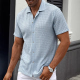 Wiaofellas  -  Men'sSolid Color Textured Short Sleeve Shirt Summer Casual Business Lapel Button Down Top Breathable Comfortable Top