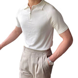 Wiaofellas  -  New Men Urban Business Knitted Polo Shirt Luxury Slim-fit Half-zipper T-shirts Solid Color Short Sleeve Breathable Stretchy Tops