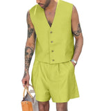 WIAOFELLAS  -  Summer Fashion Loose Men Suits Sleeveless V-neck Shirt And High Waist Wide Leg Shorts Two Piece Set Casual Vest Outfits Tank Top