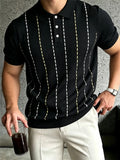 Wiaofellas  -  Daily Business Lapel Knitted Polo-shirts Mens Trendy Striped Hollow Out Short Sleeve Tops Men Summer Breath Knit Blouse