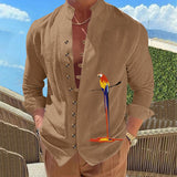 WIAOFELLAS  -  Men's Retro Style Long-Sleeved Shirt Stand-Up Collar Button up Parrot 3D Print Spring Autumn Fashionable Casual Shirt