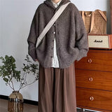 Wiaofellas  -  New Korean Fashion Button Hoodie Cardigan For Man Y2K Retro Brown Knitted Sweaters High Street Casual Cardigans Knitwear