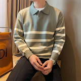 Wiaofellas  -  Autumn Simple Lapel Striped Sweater For Men Casual Vintage Korean Fashion Knitwear Top New Y2K Loose Knitted Pullover Jumper