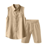 Wiaofellas  -  Men's Linen Sleeveless Shirt and Shorts Set Casual Two Piece Outfit